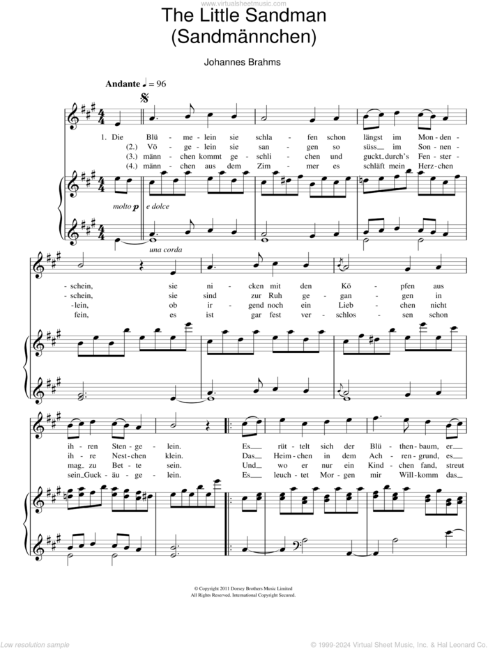 Sandmannchen (The Little Sandman) sheet music for voice and piano by Johannes Brahms, classical score, intermediate skill level