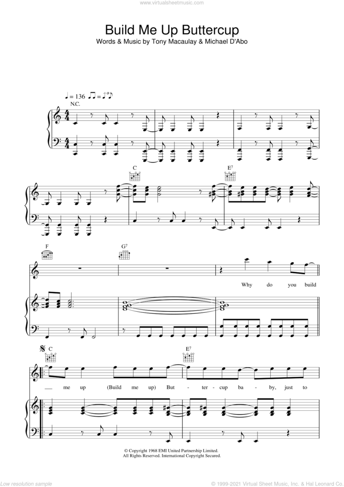 Build Me Up Buttercup sheet music for voice, piano or guitar by The Foundations, Busted and Tony Macaulay, intermediate skill level