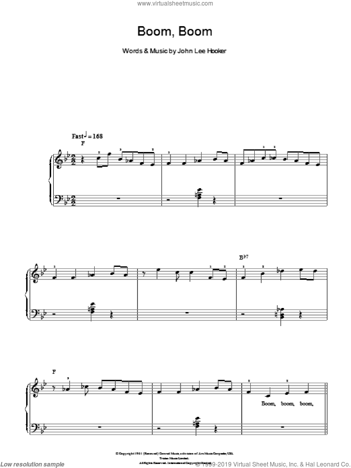 Boom Boom sheet music for piano solo by John Lee Hooker, easy skill level