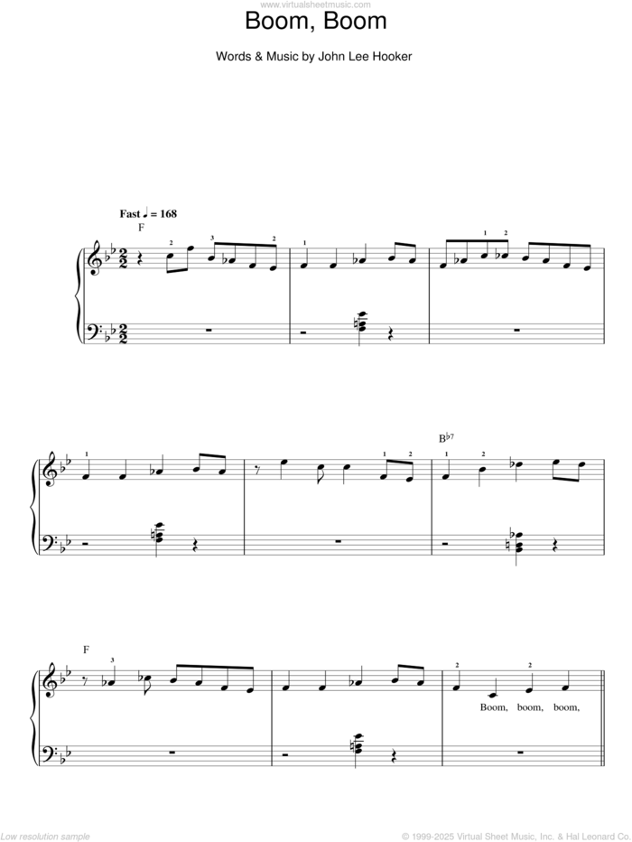 Boom Boom sheet music for piano solo by John Lee Hooker, easy skill level