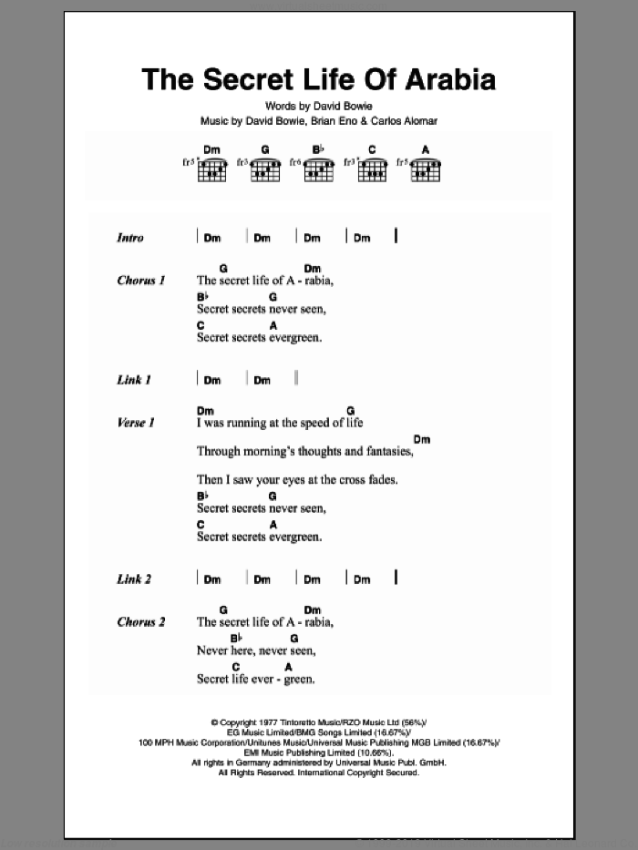 The Secret Life Of Arabia sheet music for guitar (chords) by David Bowie, Brian Eno and Carlos Alomar, intermediate skill level