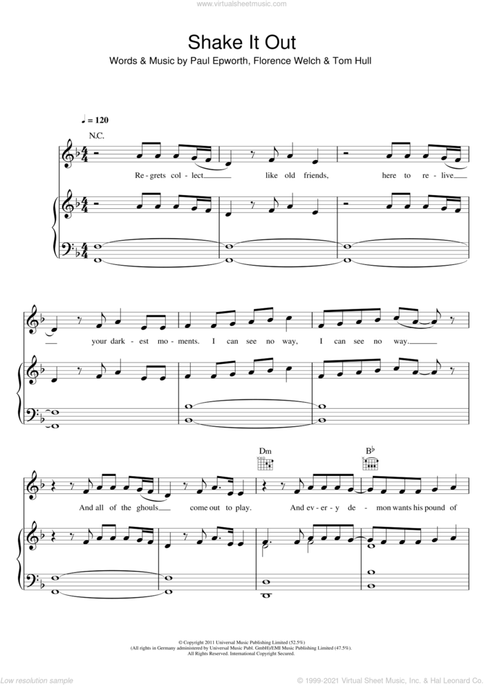 Shake It Out sheet music for voice, piano or guitar by Florence And The Machine, Florence Welch, Paul Epworth and Tom Hull, intermediate skill level