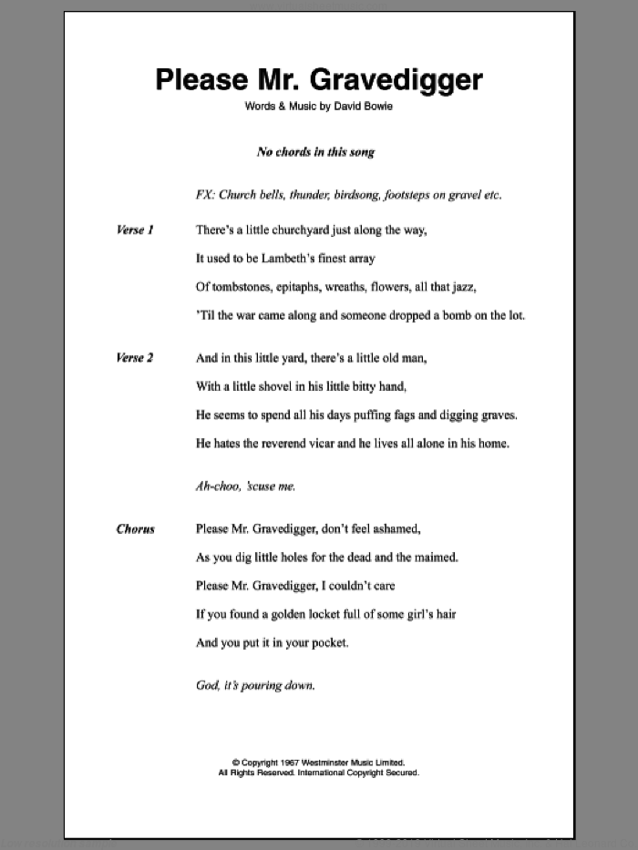 Please Mr. Gravedigger sheet music for guitar (chords) by David Bowie, intermediate skill level
