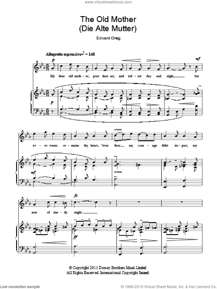 The Old Mother (Die Alte Mutter) sheet music for voice and piano by Edvard Grieg, classical score, intermediate skill level