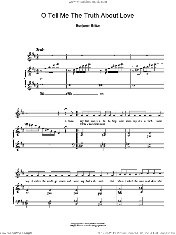 O Tell Me The Truth About Love sheet music for voice, piano or guitar by Benjamin Britten, classical score, intermediate skill level