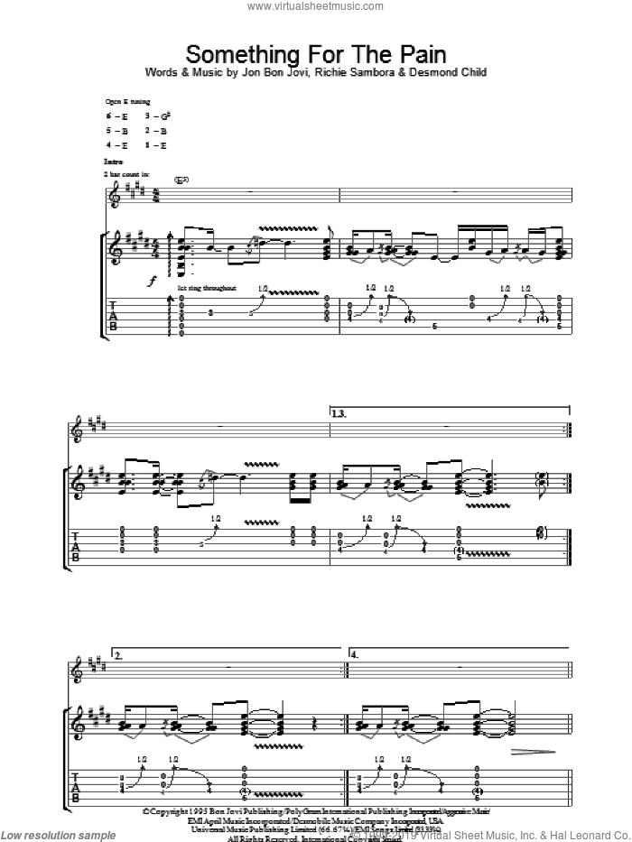 Something For The Pain sheet music for guitar (tablature) by Bon Jovi, DES CHILD, Desmond Child and Richie Sambora, intermediate skill level