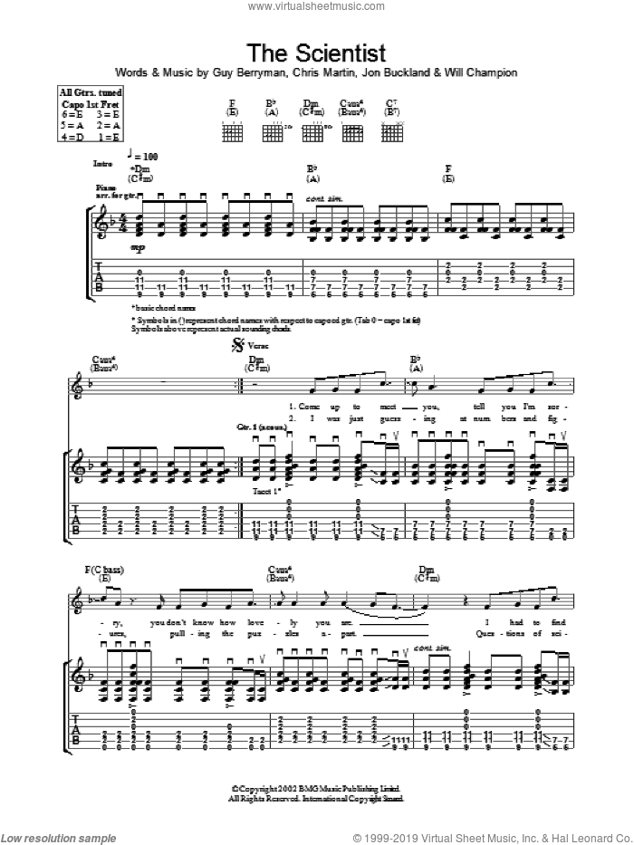 The Scientist sheet music for guitar (tablature) by Coldplay, Chris Martin, Guy Berryman, Jon Buckland and Will Champion, intermediate skill level