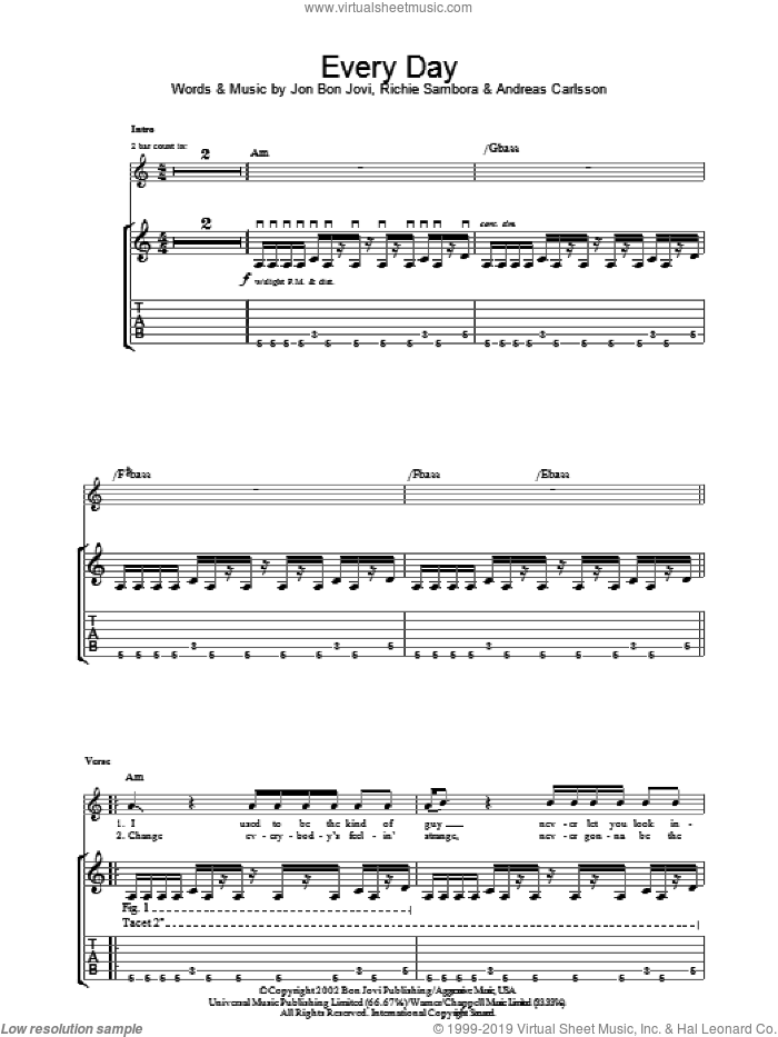 Everyday sheet music for guitar (tablature) by Bon Jovi, Andreas Carlsson and Richie Sambora, intermediate skill level