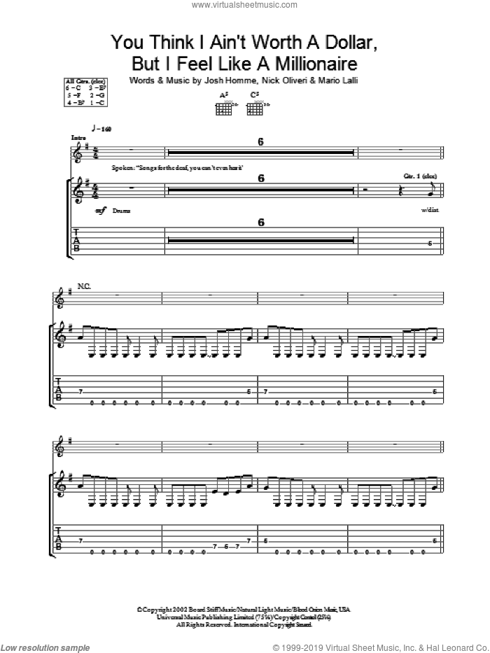 You Think I Ain't Worth A Dollar, But I Feel Like A Millionaire sheet music for guitar (tablature) by Queens Of The Stone Age, Josh Homme, Mario Lalli and Nick Oliveri, intermediate skill level