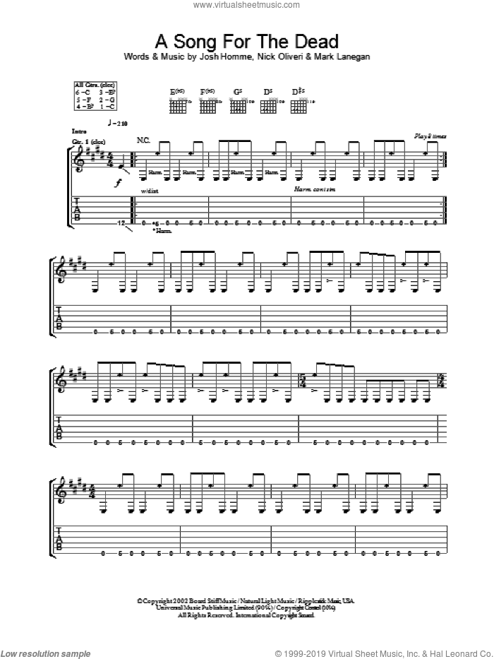 A Song For The Dead sheet music for guitar (tablature) by Queens Of The Stone Age, Josh Homme, Mark Lanegan and Nick Oliveri, intermediate skill level