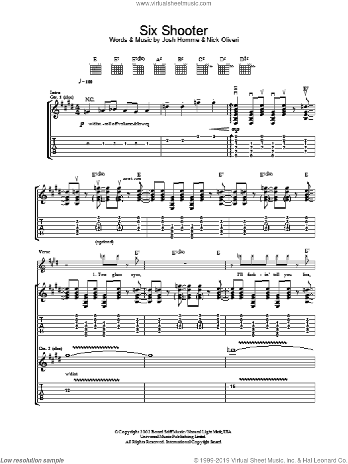 Six Shooter sheet music for guitar (tablature) by Queens Of The Stone Age, Josh Homme and Nick Oliveri, intermediate skill level