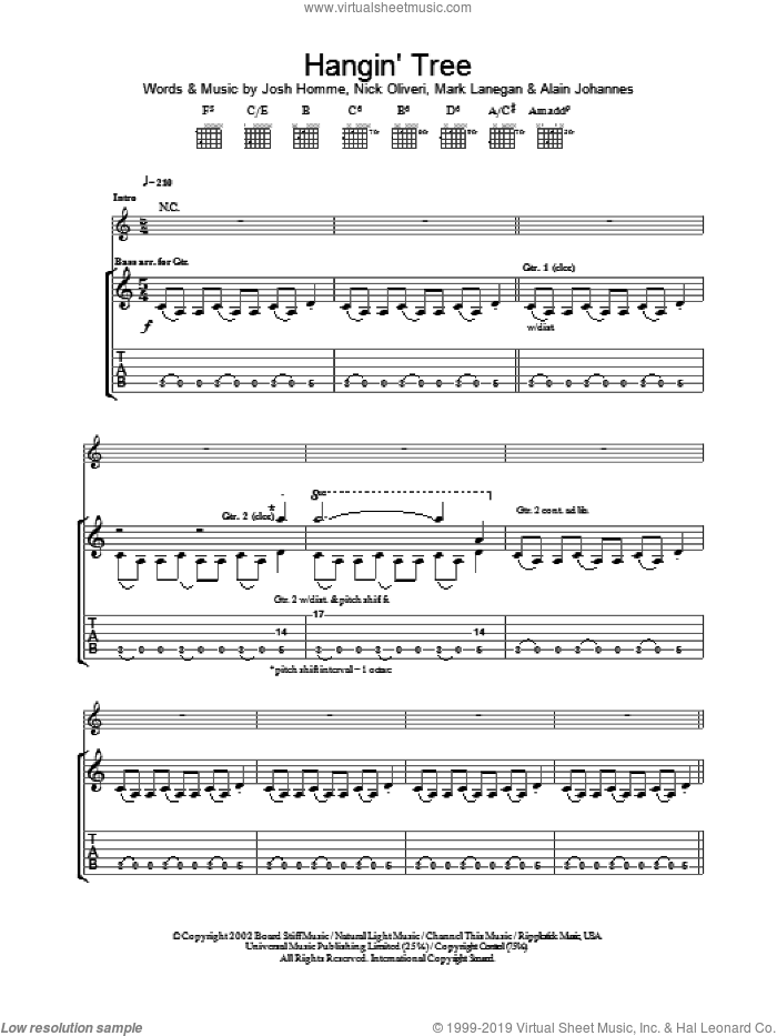 Hangin' Tree sheet music for guitar (tablature) by Queens Of The Stone Age, Alain Johannes, Josh Homme, Mark Lanegan and Nick Oliveri, intermediate skill level