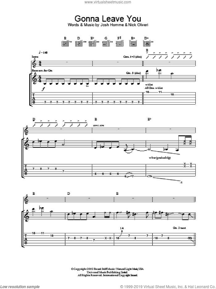 Gonna Leave You sheet music for guitar (tablature) by Queens Of The Stone Age, Josh Homme and Nick Oliveri, intermediate skill level