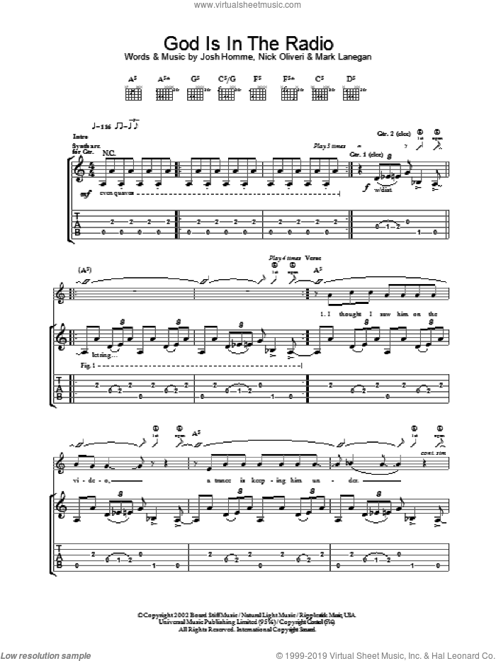 God Is In The Radio sheet music for guitar (tablature) by Queens Of The Stone Age, Josh Homme, Mark Lanegan and Nick Oliveri, intermediate skill level