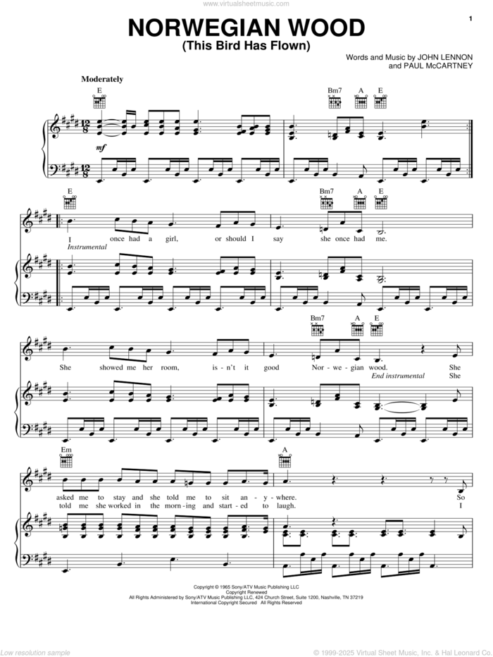 Norwegian Wood (This Bird Has Flown) sheet music for voice, piano or guitar by The Beatles, John Lennon and Paul McCartney, intermediate skill level