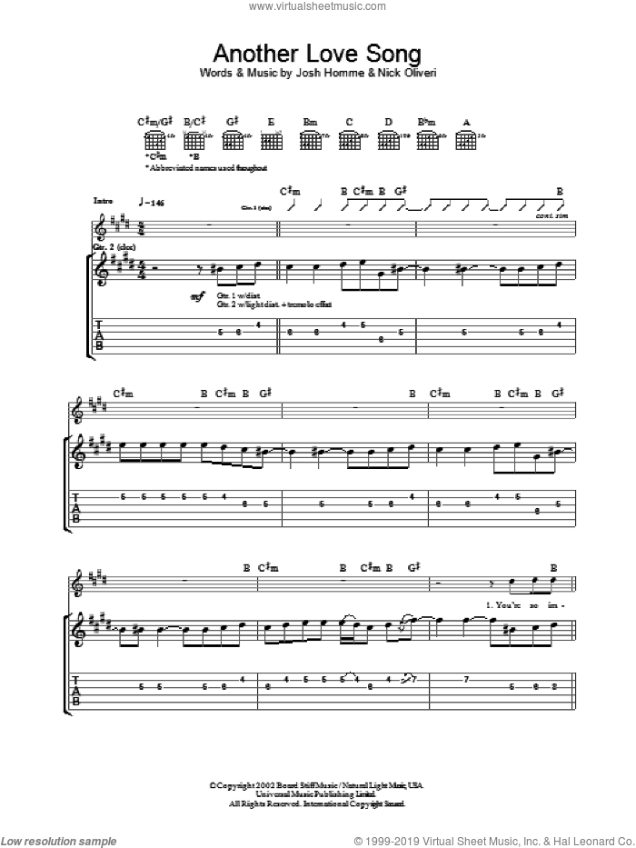 Another Love Song sheet music for guitar (tablature) by Queens Of The Stone Age, Josh Homme and Nick Oliveri, intermediate skill level