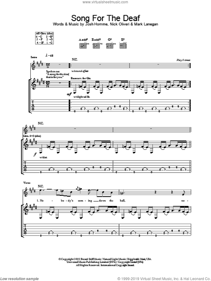 A Song For The Deaf sheet music for guitar (tablature) by Queens Of The Stone Age, Josh Homme, Mark Lanegan and Nick Oliveri, intermediate skill level