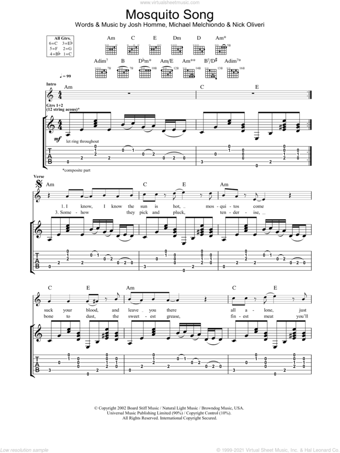 Mosquito Song sheet music for guitar (tablature) by Queens Of The Stone Age, Josh Homme, Mickey Melchiondo and Nick Oliveri, intermediate skill level