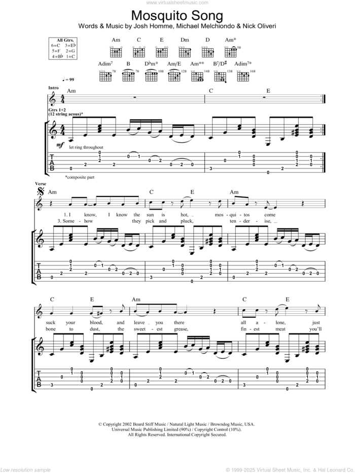 Mosquito Song sheet music for guitar (tablature) by Queens Of The Stone Age, Josh Homme, Mickey Melchiondo and Nick Oliveri, intermediate skill level