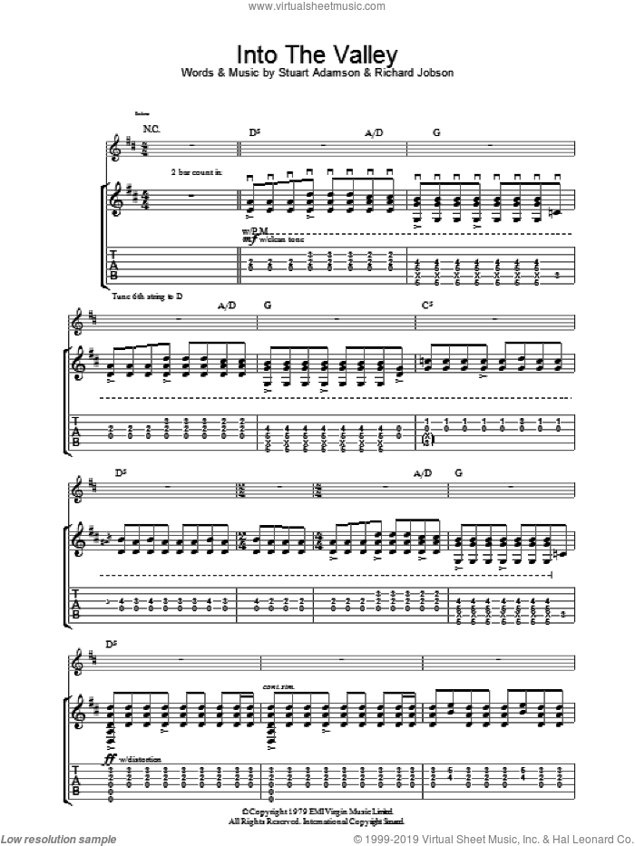 Into The Valley sheet music for guitar (tablature) by The Skids, Richard Jobson and Stuart Adamson, intermediate skill level
