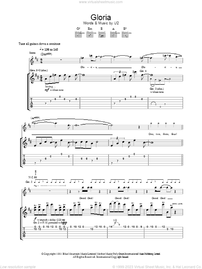 Gloria sheet music for guitar (tablature) by U2, intermediate skill level
