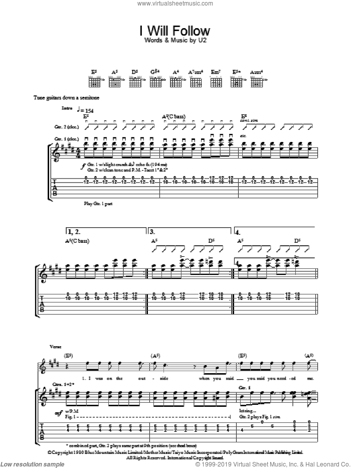 I Will Follow sheet music for guitar (tablature) by U2, Bono and The Edge, intermediate skill level