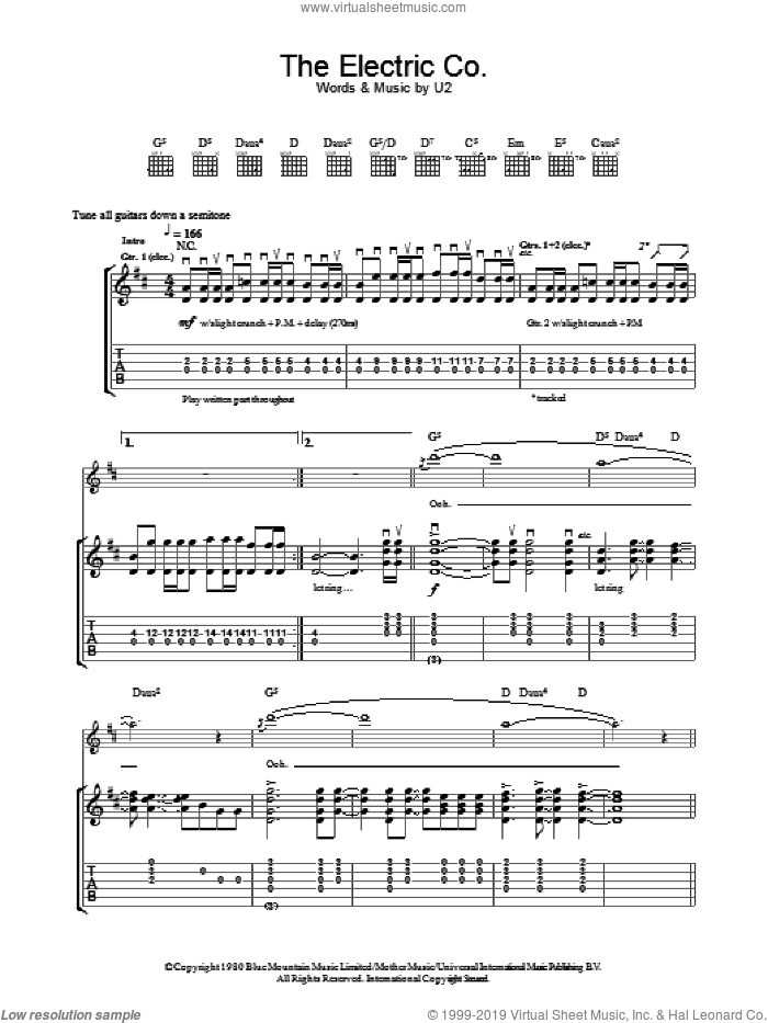 The Electric Co. sheet music for guitar (tablature) by U2, intermediate skill level