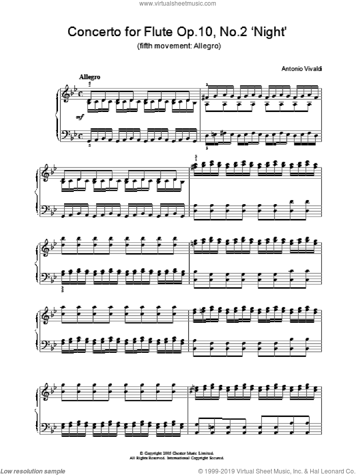 Concerto for Flute Op.10, No.2 'Night' (5th Movement: Allegro) sheet music for piano solo by Antonio Vivaldi, classical score, intermediate skill level
