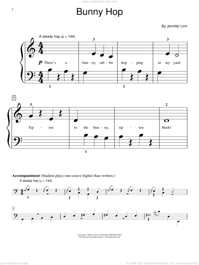 Bunny Hop sheet music for piano solo (elementary) by Jennifer Linn and Miscellaneous, beginner piano (elementary)