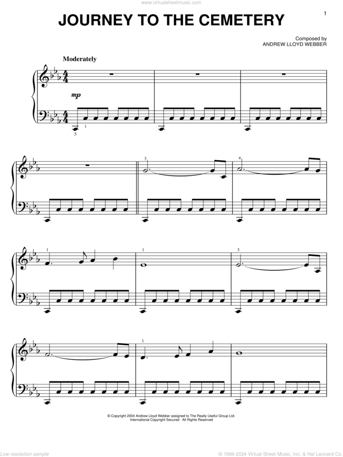 Journey To The Cemetery sheet music for piano solo by Andrew Lloyd Webber and The Phantom Of The Opera (Musical), intermediate skill level