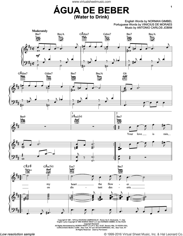 Agua De Beber (Water To Drink) sheet music for voice, piano or guitar by Antonio Carlos Jobim, Norman Gimbel and Vinicius de Moraes, intermediate skill level