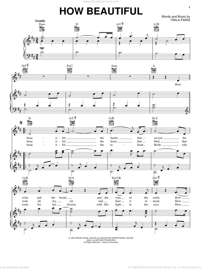 How Beautiful sheet music for voice, piano or guitar by Twila Paris, wedding score, intermediate skill level