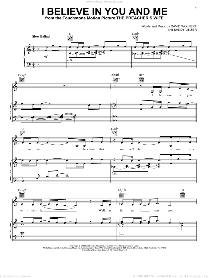 I Believe In You And Me sheet music for voice, piano or guitar by Whitney Houston, The Four Tops, David Wolfert and Sandy Linzer, wedding score, intermediate skill level