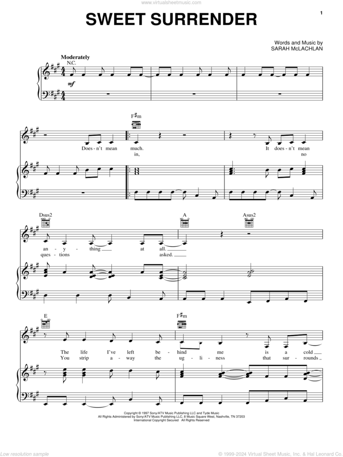 Sweet Surrender sheet music for voice, piano or guitar by Sarah McLachlan, intermediate skill level