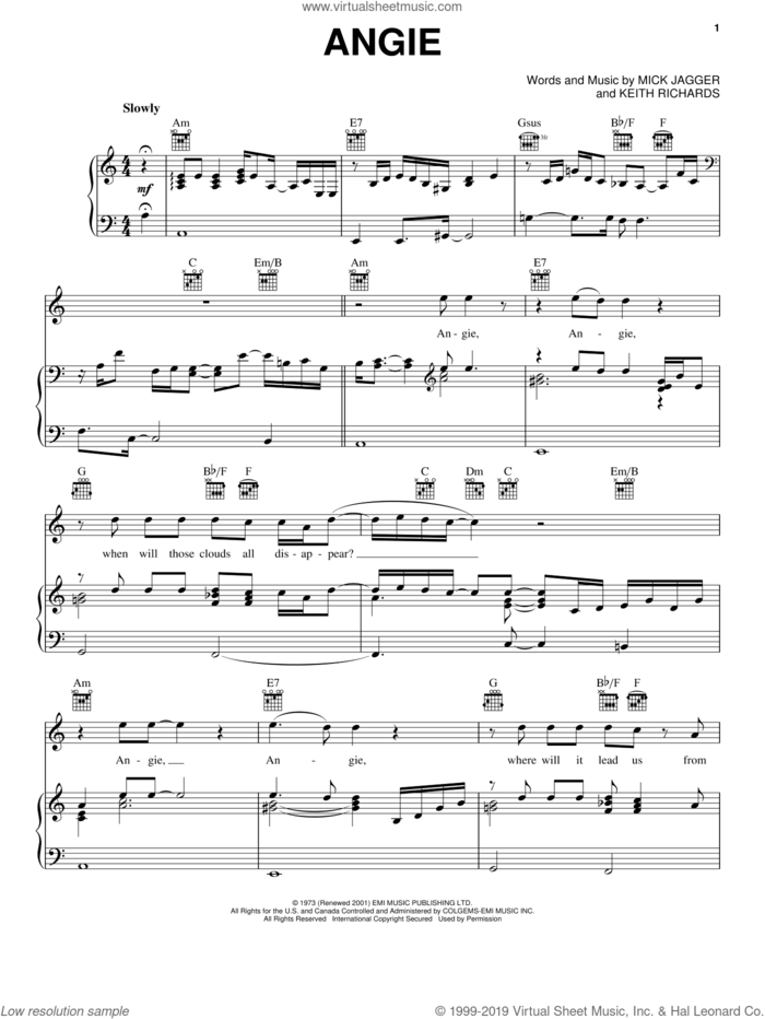 Angie sheet music for voice, piano or guitar by The Rolling Stones, Keith Richards and Mick Jagger, intermediate skill level