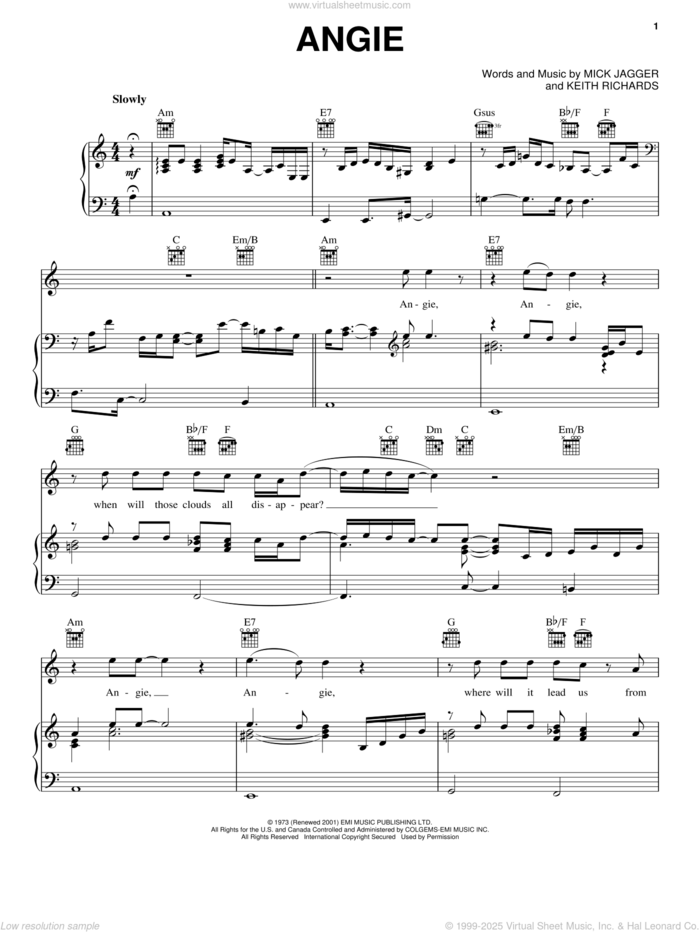 Angie sheet music for voice, piano or guitar by The Rolling Stones, Keith Richards and Mick Jagger, intermediate skill level