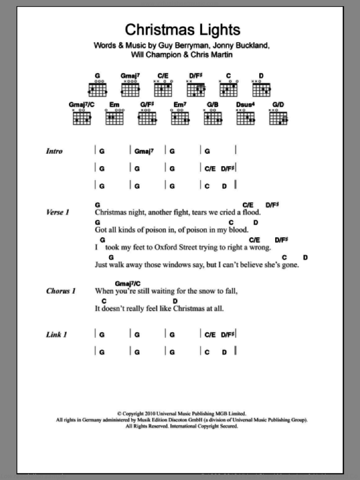 Christmas Lights sheet music for guitar (chords) by Coldplay, Chris Martin, Guy Berryman, Jonny Buckland and Will Champion, intermediate skill level