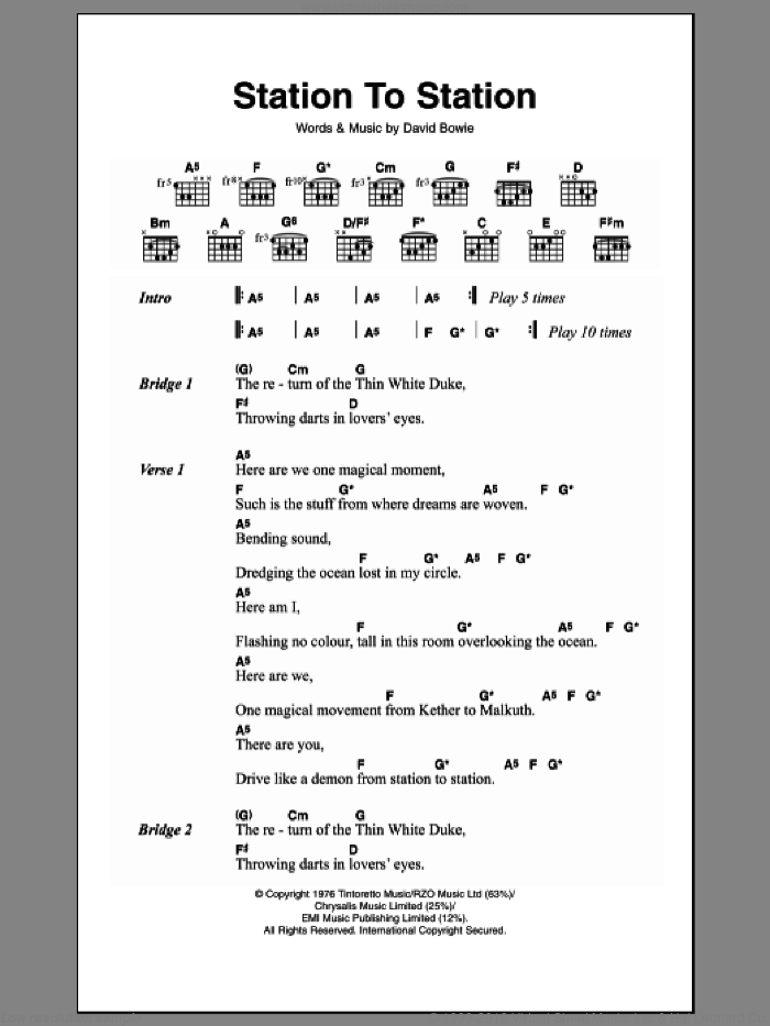 Station To Station sheet music for guitar (chords) by David Bowie, intermediate skill level