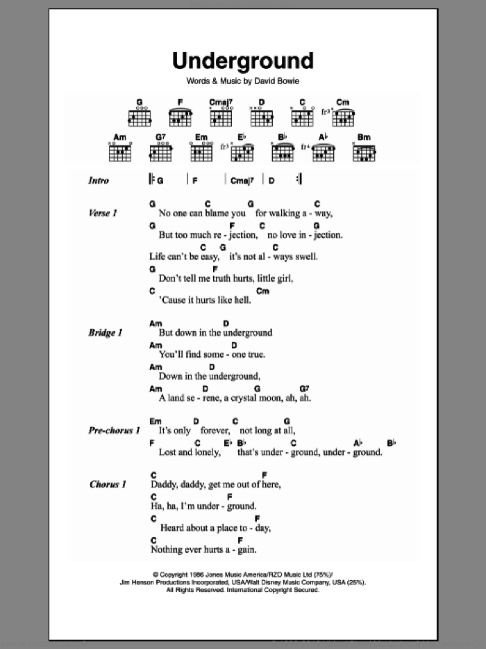 Underground sheet music for guitar (chords) by David Bowie, intermediate skill level