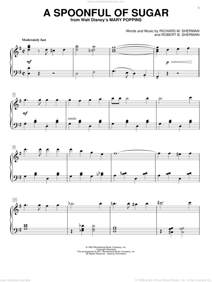 A Spoonful Of Sugar (from Mary Poppins), (intermediate) sheet music for piano solo by Sherman Brothers, Mary Poppins (Movie), Richard M. Sherman and Robert B. Sherman, intermediate skill level