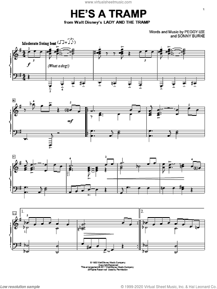 He's A Tramp (from Lady And The Tramp) sheet music for piano solo by Peggy Lee and Sonny Burke, intermediate skill level