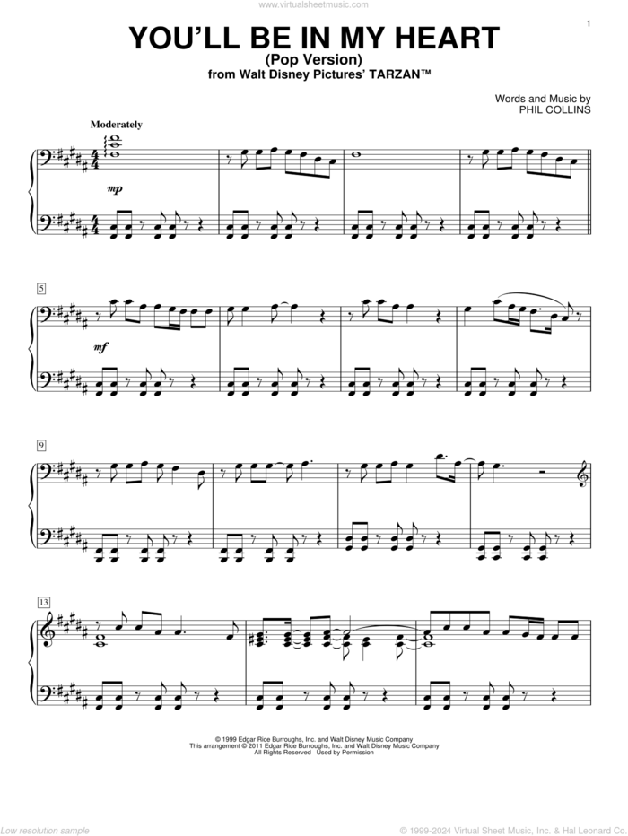 You'll Be In My Heart (Pop Version) (from Tarzan) sheet music for piano solo by Phil Collins, intermediate skill level