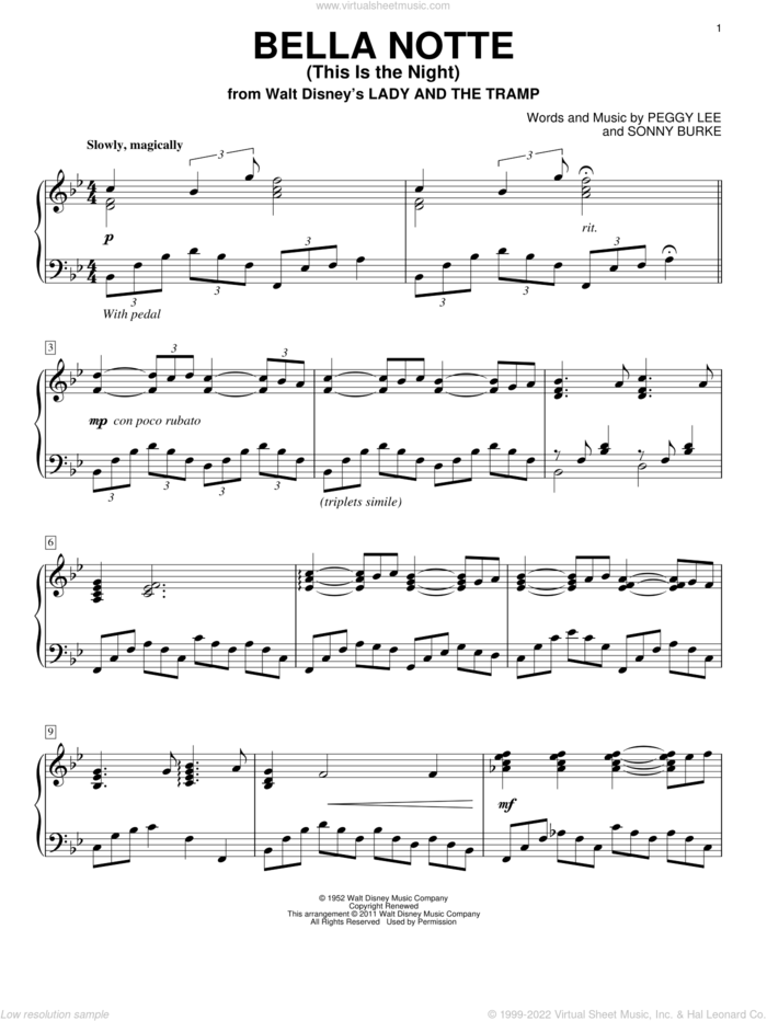 Bella Notte (This Is The Night) (from Lady And The Tramp) sheet music for piano solo by Peggy Lee and Sonny Burke, intermediate skill level
