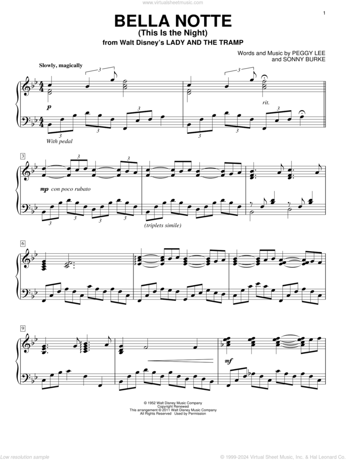 Bella Notte (This Is The Night) (from Lady And The Tramp) sheet music for piano solo by Peggy Lee and Sonny Burke, intermediate skill level