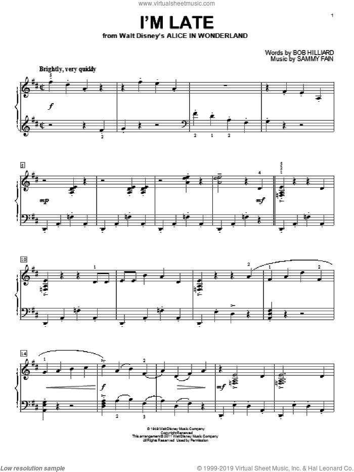 I'm Late (from Alice In Wonderland) sheet music for piano solo by Sammy Fain and Bob Hilliard, intermediate skill level