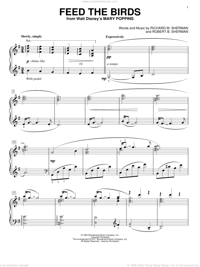 Feed The Birds (Tuppence A Bag) (from Mary Poppins) sheet music for piano solo by Sherman Brothers, Mary Poppins (Movie), Richard M. Sherman and Robert B. Sherman, intermediate skill level