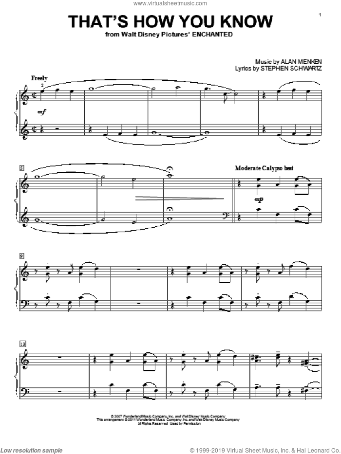 That's How You Know (from Enchanted) sheet music for piano solo by Amy Adams, Enchanted (Movie), Alan Menken and Stephen Schwartz, intermediate skill level