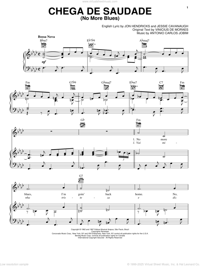 Chega De Saudade (No More Blues) sheet music for voice, piano or guitar by Vinicius de Moraes, Antonio Carlos Jobim, Jessie Cavanaugh and Jon Hendricks, intermediate skill level