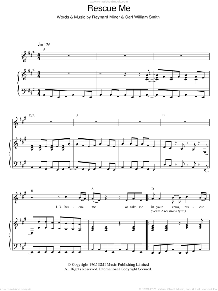Rescue Me sheet music for voice and piano by Fontella Bass, Carl William Smith and Raynard Miner, intermediate skill level