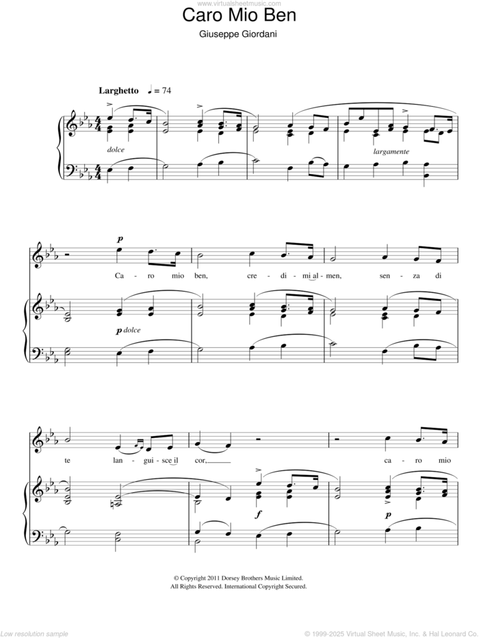 Caro Mio Ben sheet music for voice and piano by Giuseppe Giordani, classical score, intermediate skill level
